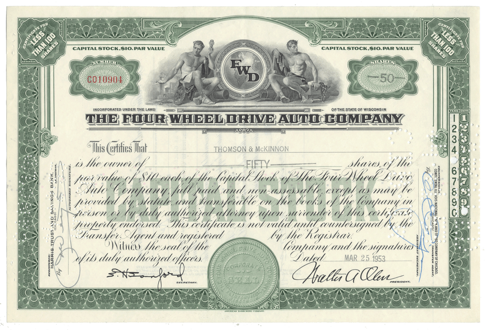 Four Wheel Drive Auto Company Stock Certificate