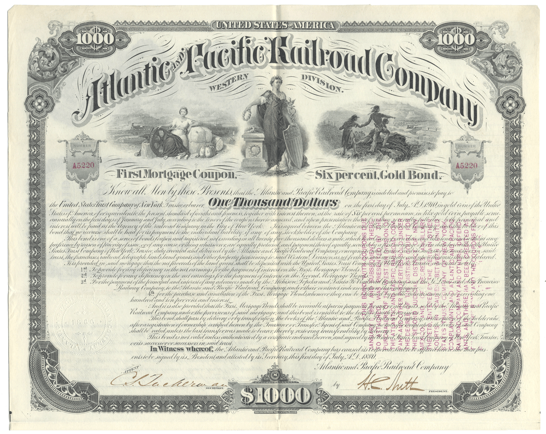 Vintage Atlantic & Pacific Railroad Company bond certificate with detailed text and decorative elements.