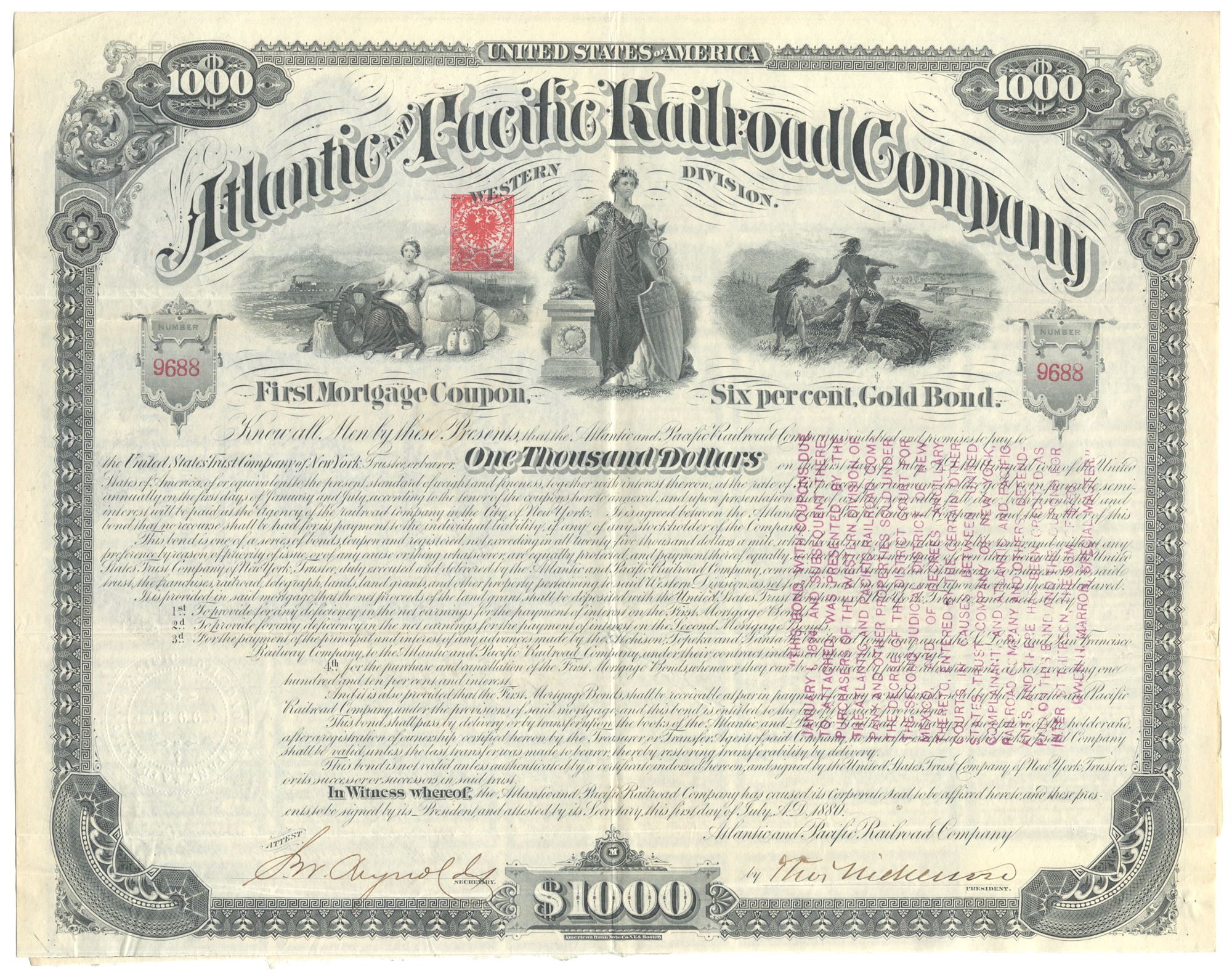 An antique 1880 Atlantic Pacific Railroad Company (Western Division) $1,000 First Mortgage Coupon bond featuring ornate vintage illustrations