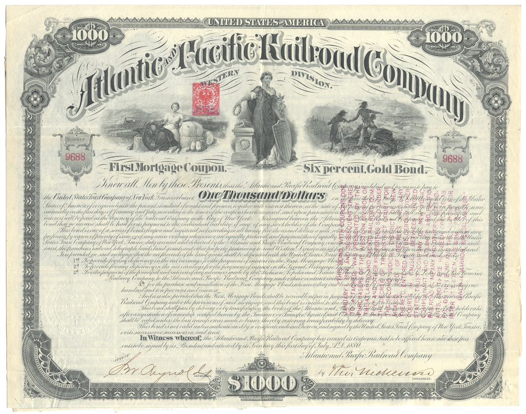 An antique 1880 Atlantic Pacific Railroad Company (Western Division) $1,000 First Mortgage Coupon bond featuring ornate vintage illustrations