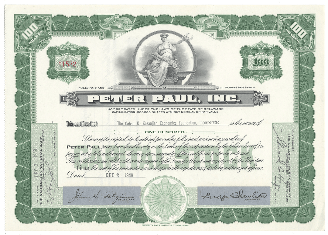 Vintage stock certificate for Peter Paul Inc. with green and white design.