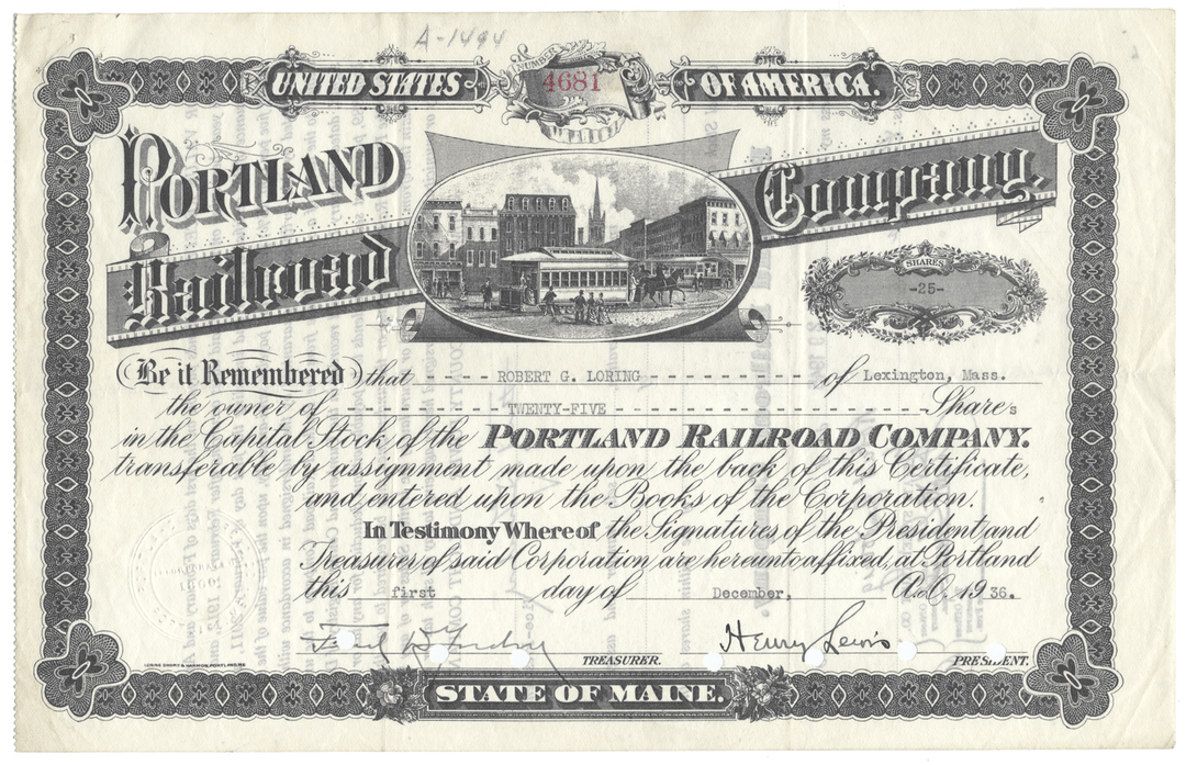 Vintage stock certificate for the Portland Railroad Company with decorative elements and text.