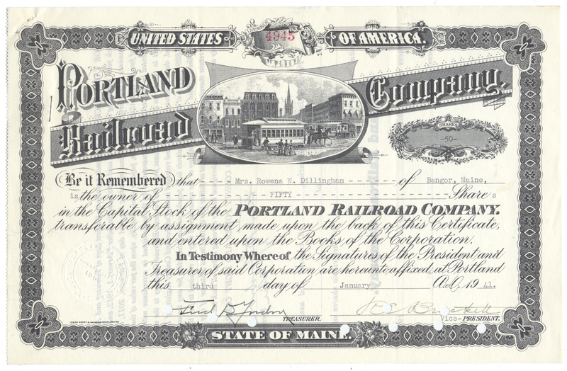 Portland Railroad Company Stock Certificate