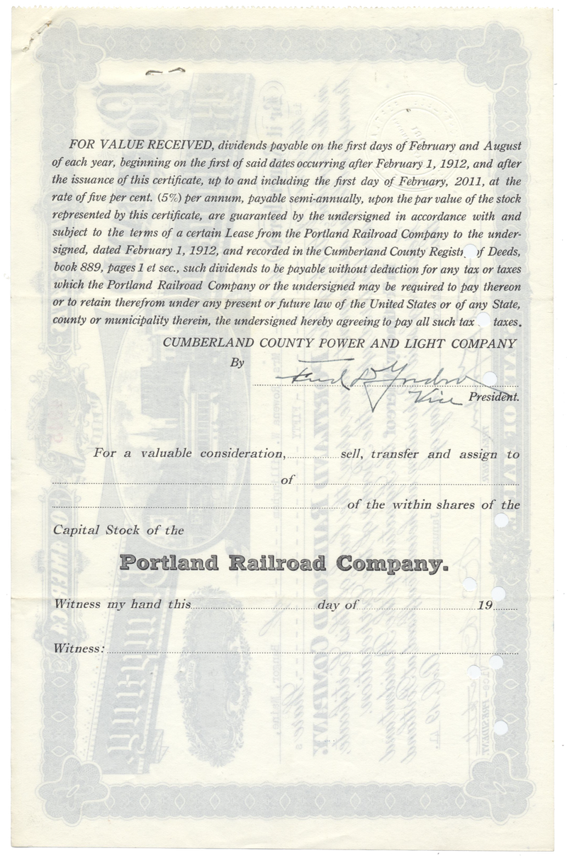 Portland Railroad Company Stock Certificate