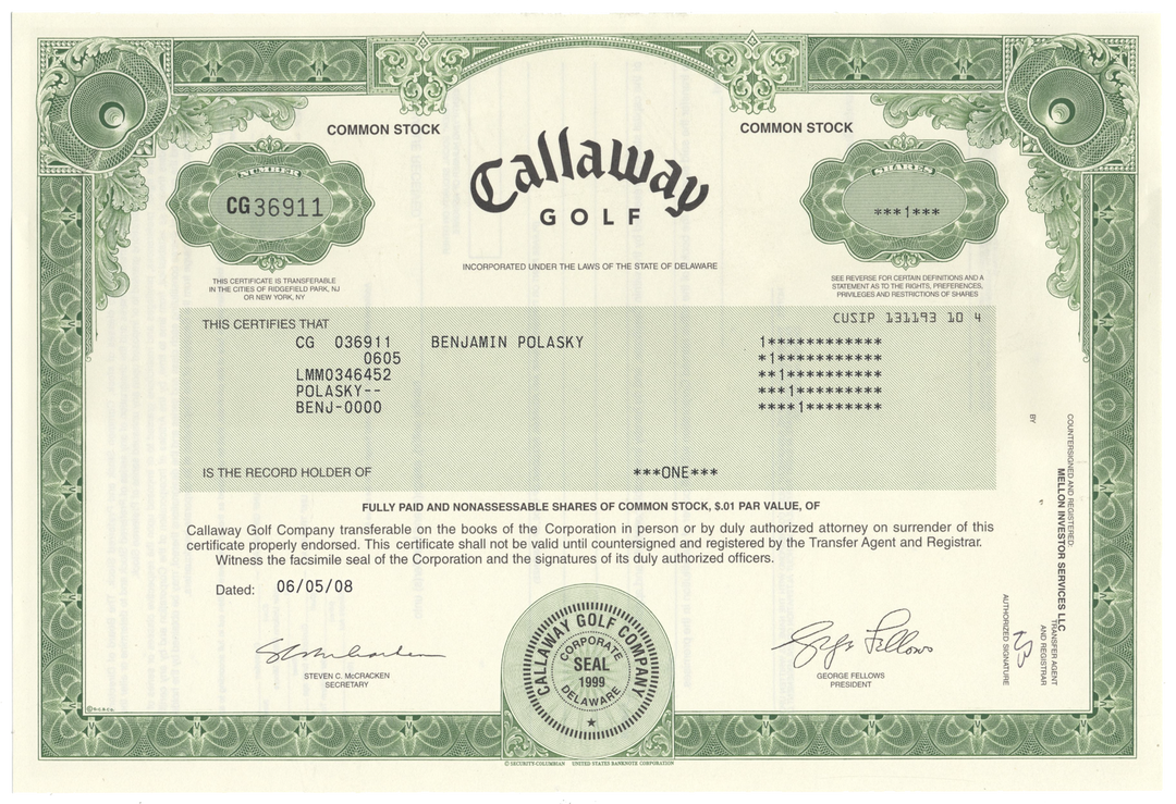 Callaway Golf Company Stock Certificate