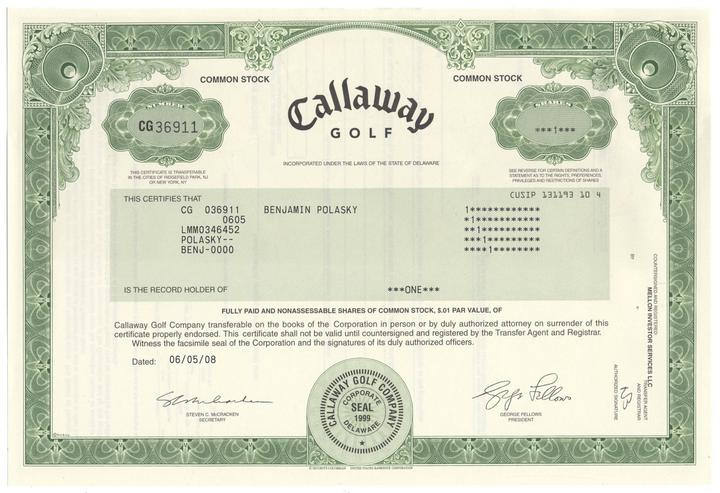 Callaway Golf Company Stock Certificate