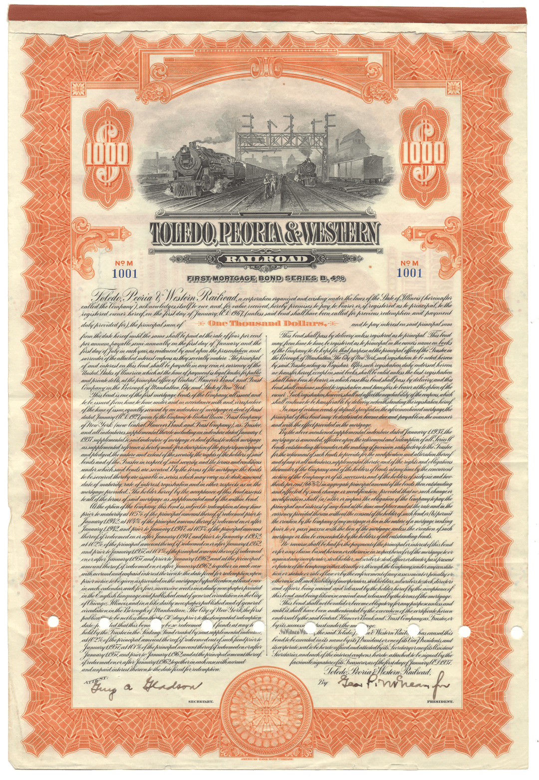 Vintage bond certificate for the Toledo, Peoria & Western Railroad dated 1937