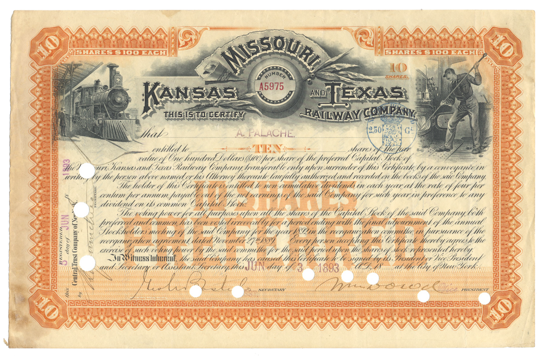 Missouri, Kansas and Texas Railway Company Stock Certificate