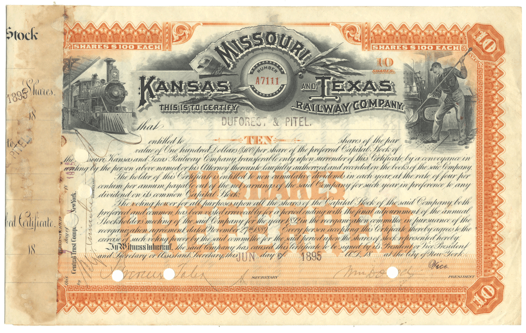 Missouri, Kansas and Texas Railway Company Stock Certificate