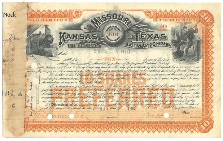 Missouri, Kansas and Texas Railway Company Stock Certificate