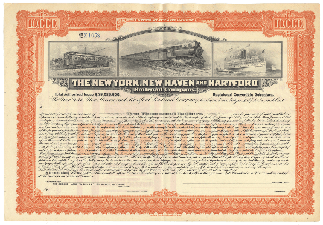 Vintage bond certificate for The New York New Haven and Hartford Railroad Company with train illustrations.