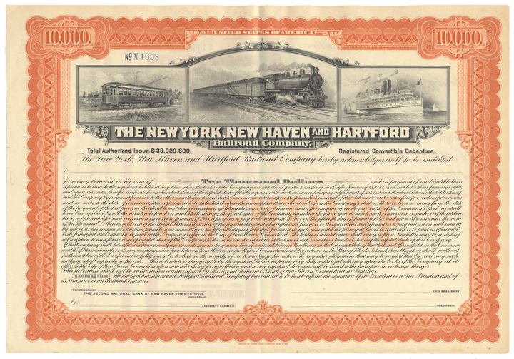 Vintage bond certificate for The New York New Haven and Hartford Railroad Company with train illustrations.