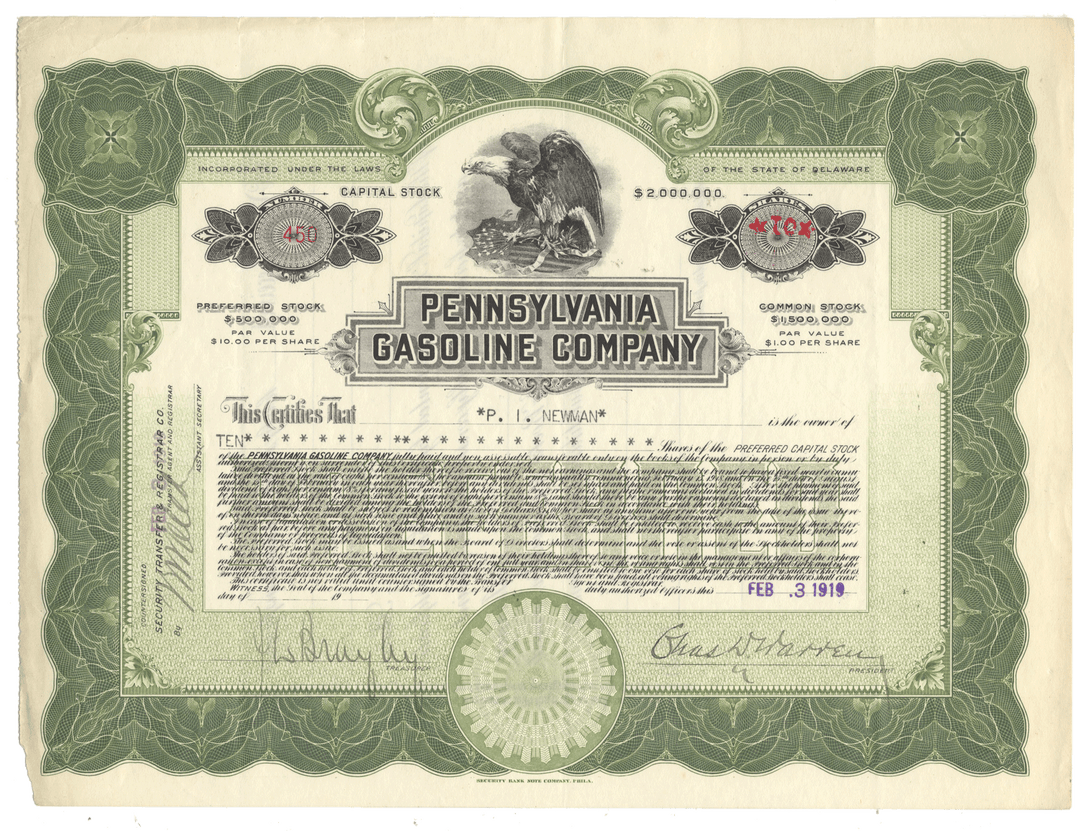 Pennsylvania Gasoline Company stock certificate from 1919