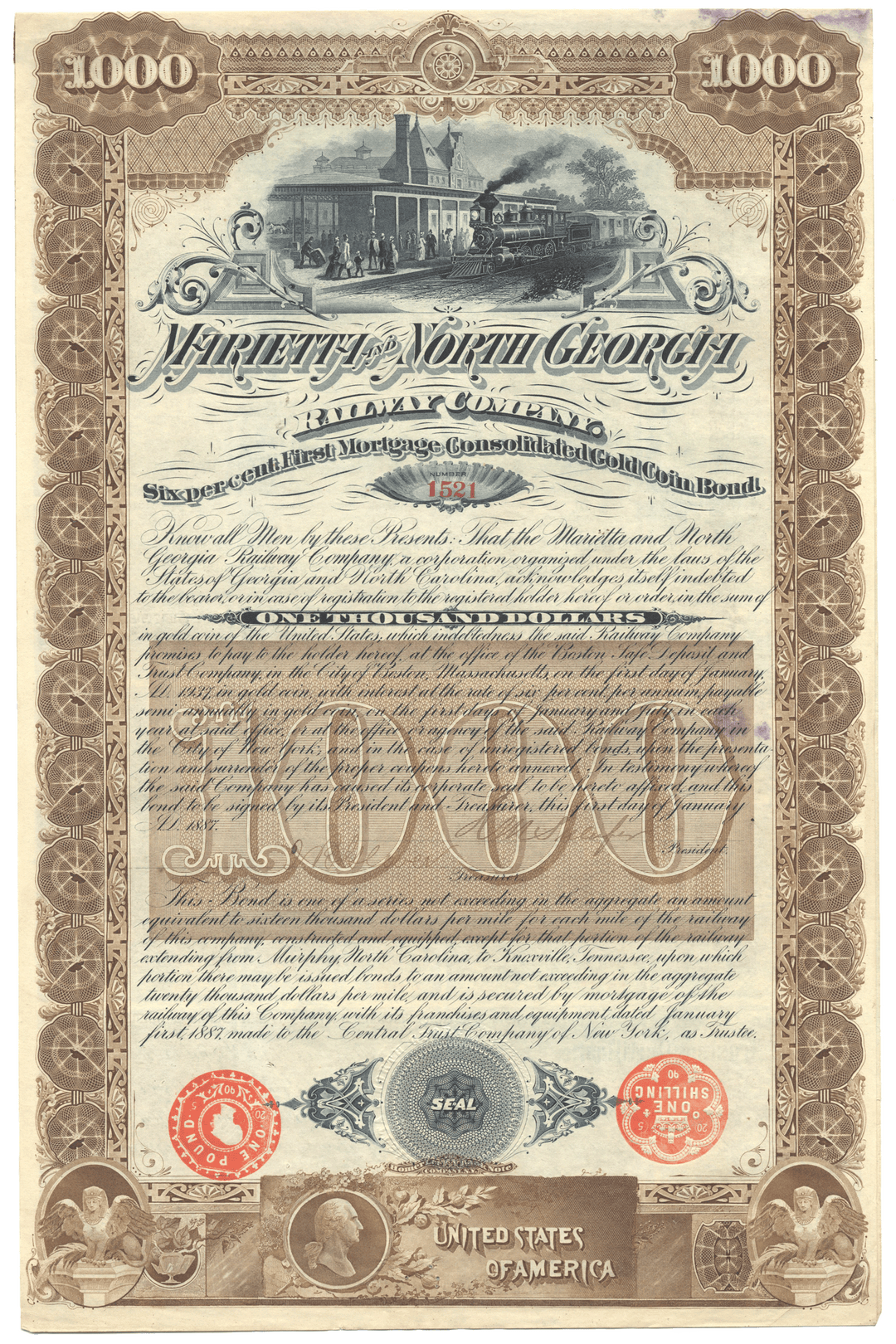 Vintage bond certificate for the Marietta and North Georgia Railway from 1887