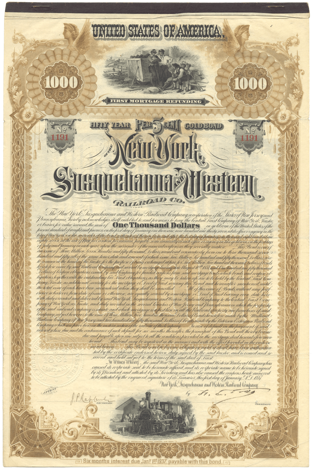 New York, Susquehanna & Western Railroad Company Bond Certificate