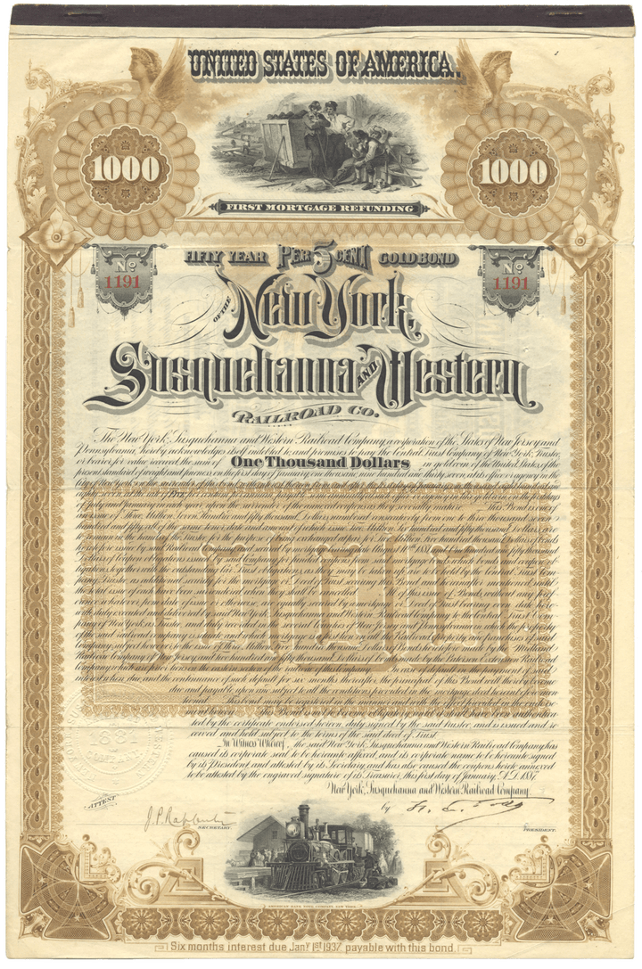 New York, Susquehanna & Western Railroad Company Bond Certificate