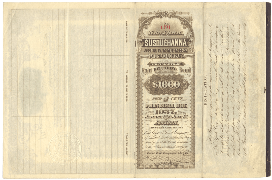 New York, Susquehanna & Western Railroad Company Bond Certificate