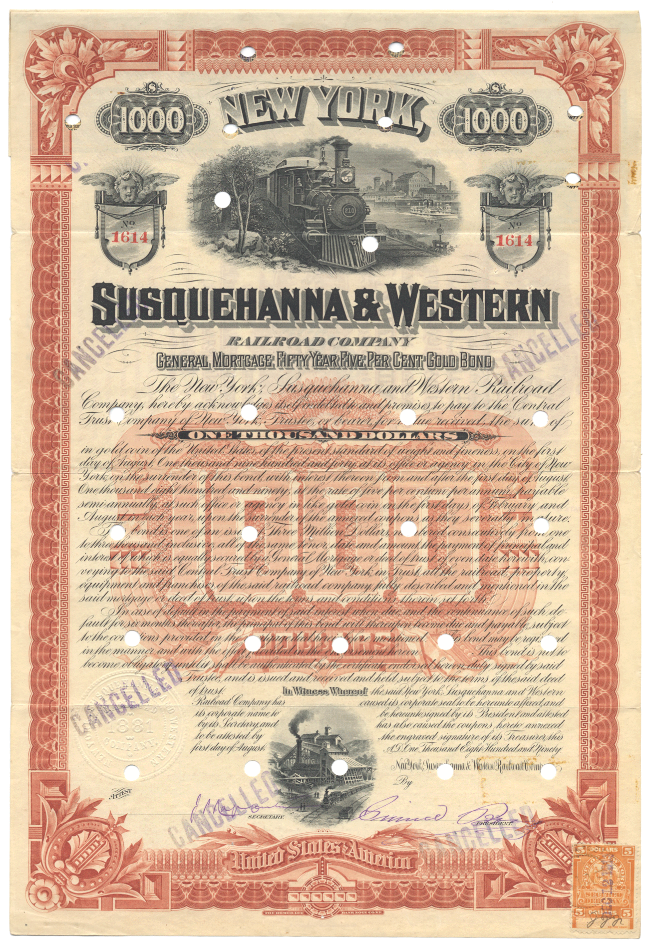 New York, Susquehanna & Western Railroad Company Bond Certificate