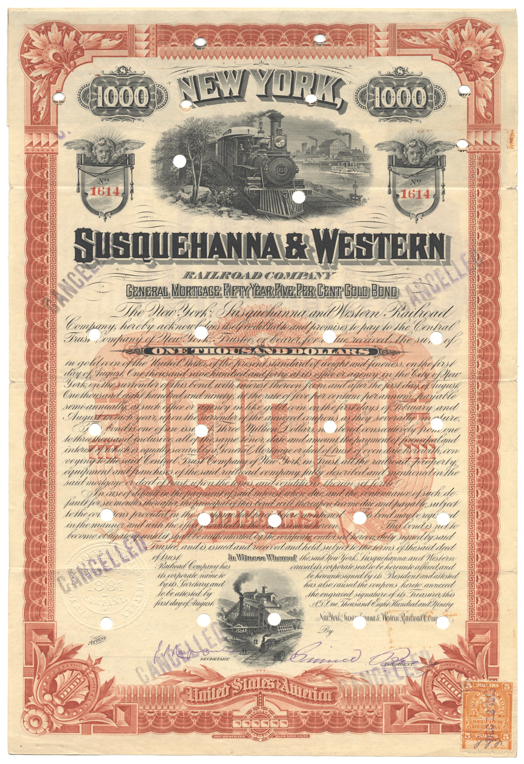 New York, Susquehanna & Western Railroad Company Bond Certificate