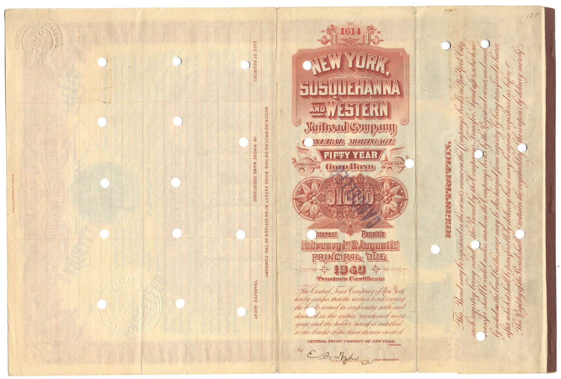 New York, Susquehanna & Western Railroad Company Bond Certificate