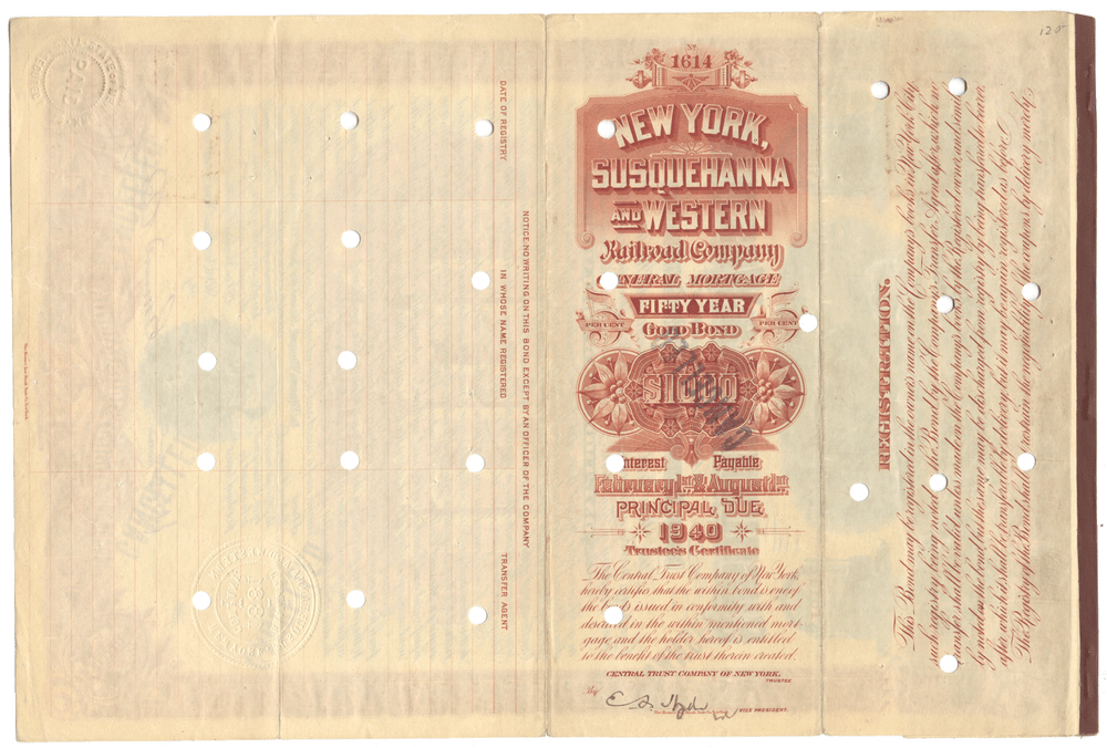 New York, Susquehanna & Western Railroad Company Bond Certificate