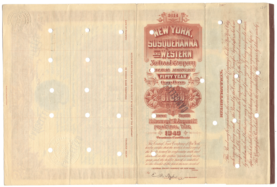 New York, Susquehanna & Western Railroad Company Bond Certificate