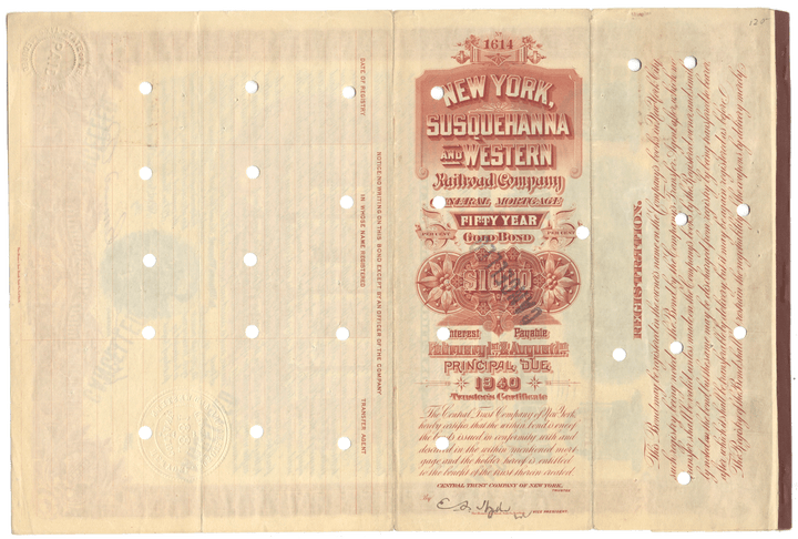 New York, Susquehanna & Western Railroad Company Bond Certificate