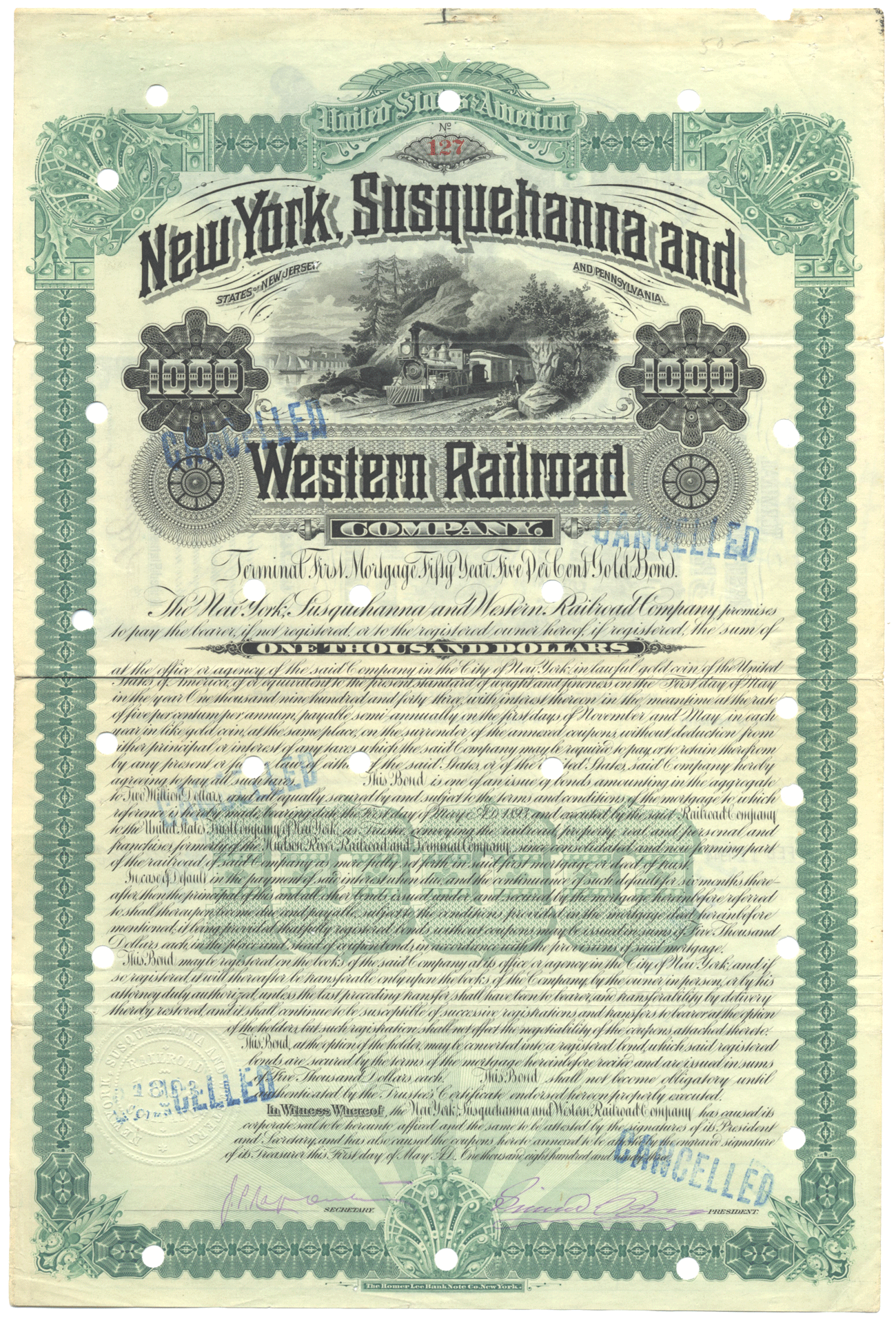 New York, Susquehanna & Western Railroad Company Bond Certificate