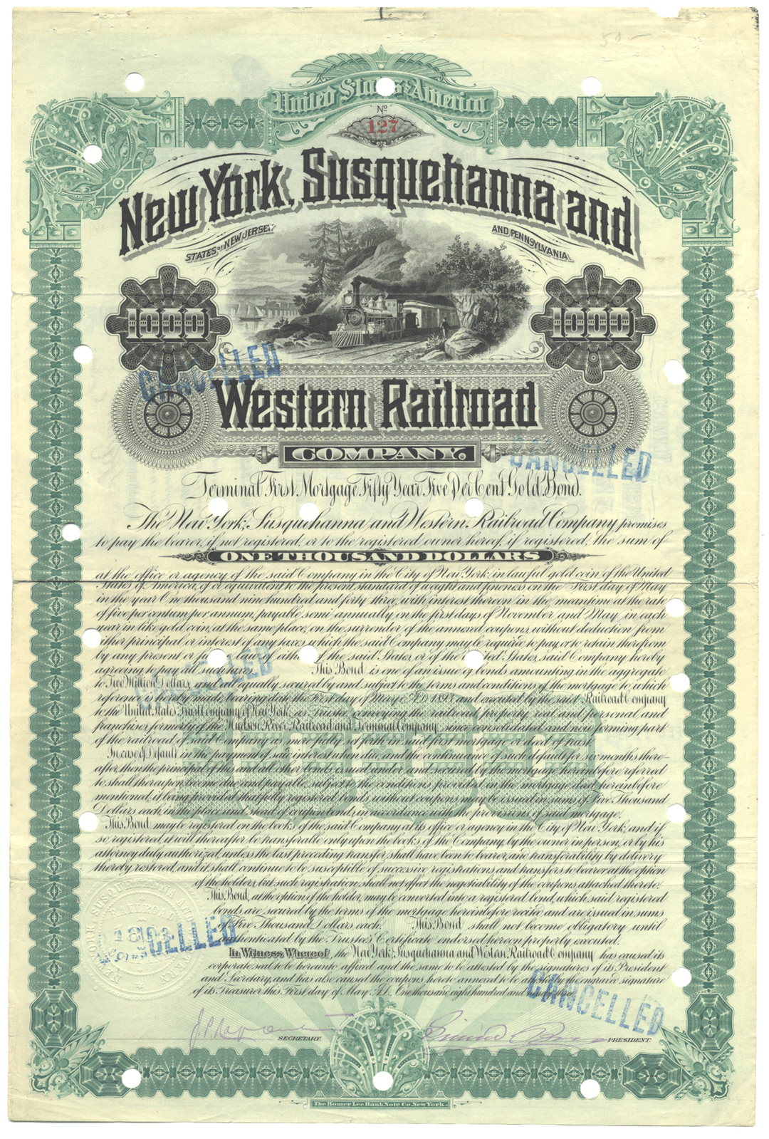 New York, Susquehanna & Western Railroad Company Bond Certificate