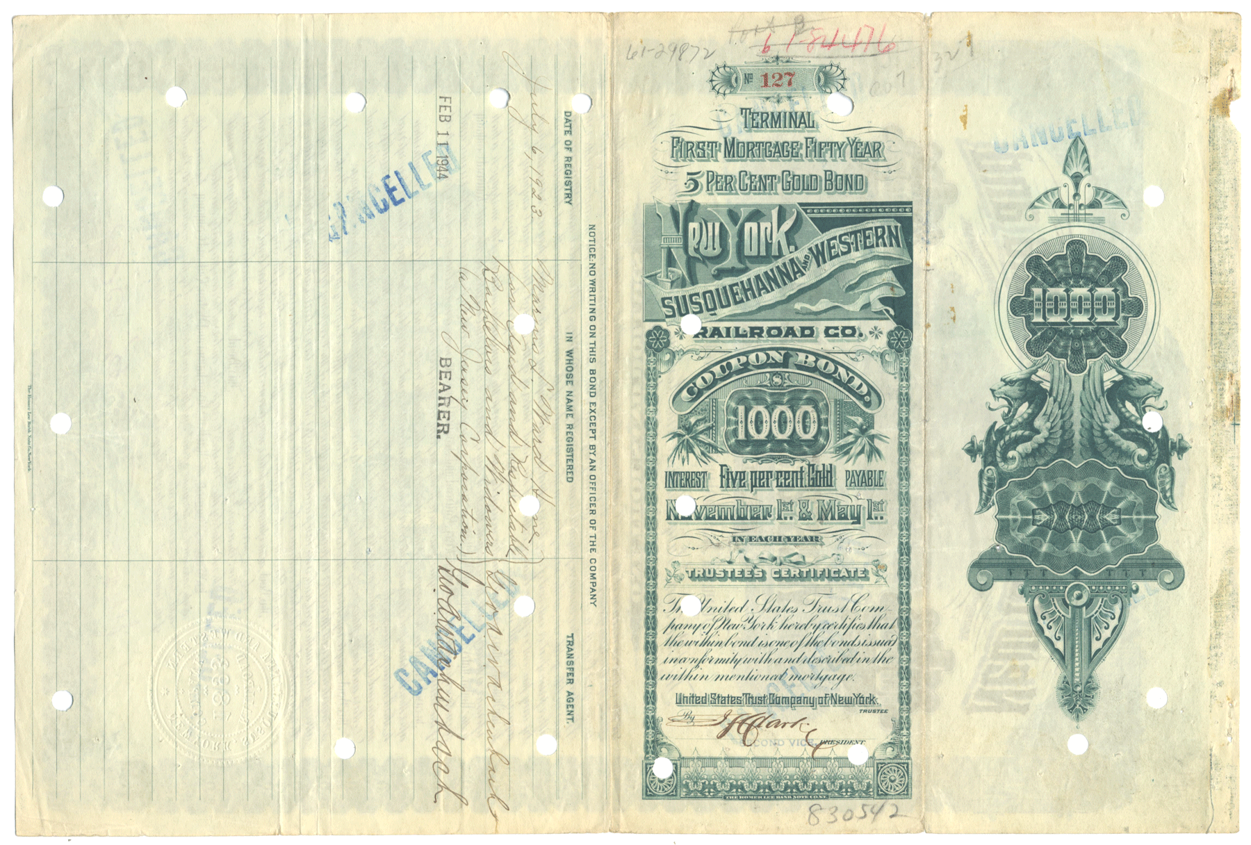 New York, Susquehanna & Western Railroad Company Bond Certificate