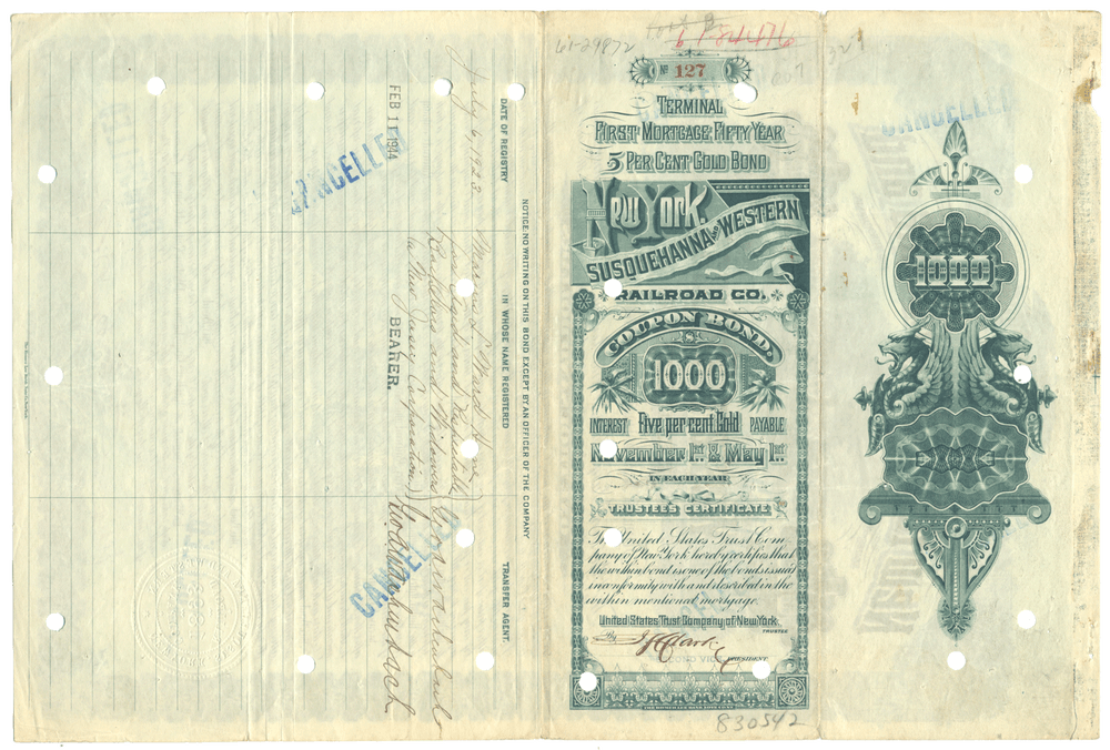 New York, Susquehanna & Western Railroad Company Bond Certificate