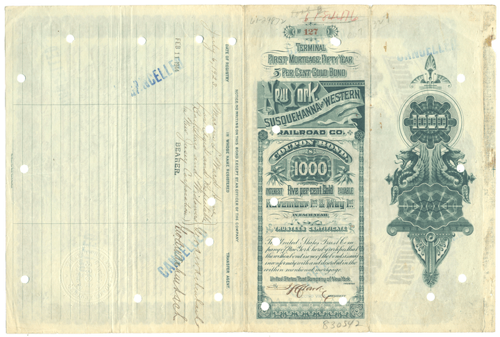 New York, Susquehanna & Western Railroad Company Bond Certificate