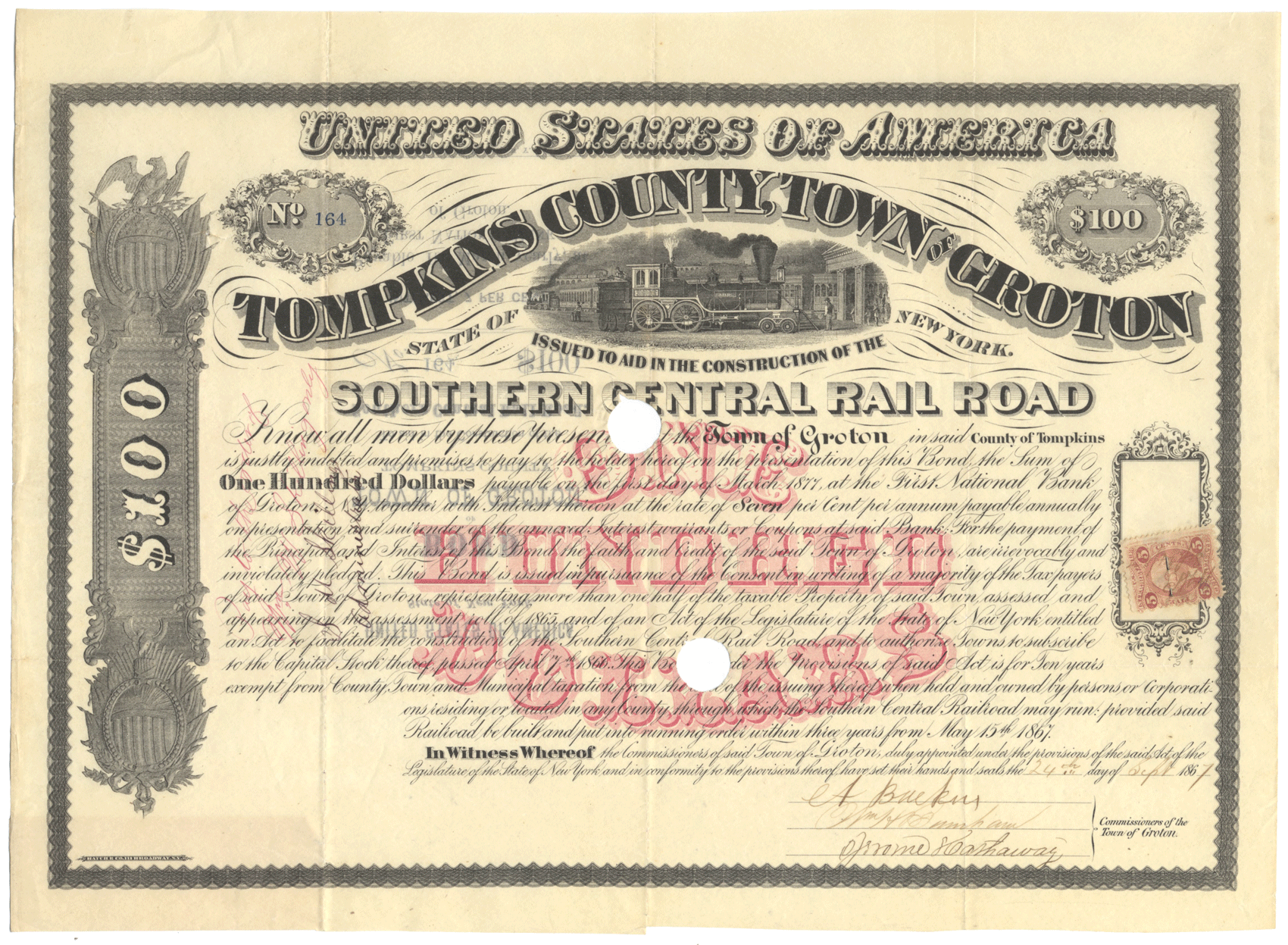 Southern Central Rail Road Company Bond Certificate (Groton, Tompkins County, New York)