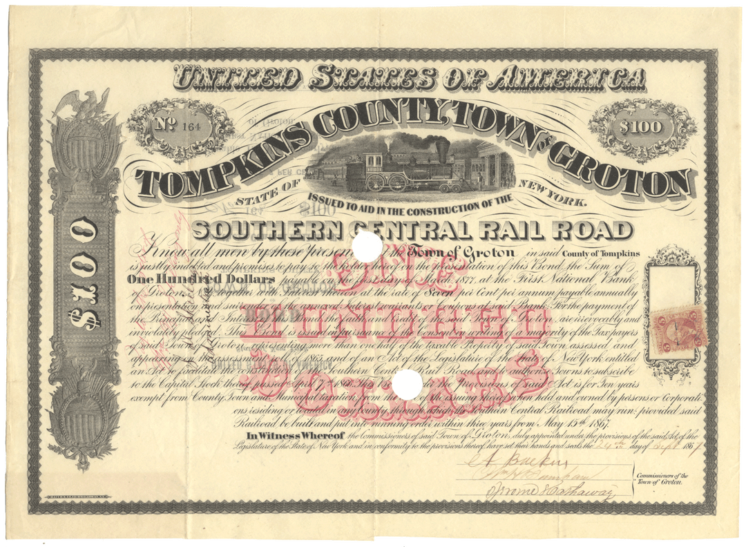 Southern Central Rail Road Company Bond Certificate (Groton, Tompkins County, New York)