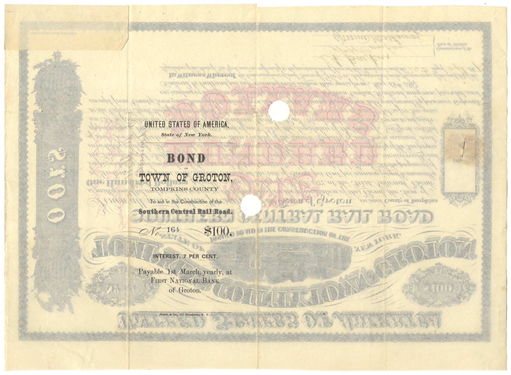 Southern Central Rail Road Company Bond Certificate (Groton, Tompkins County, New York)