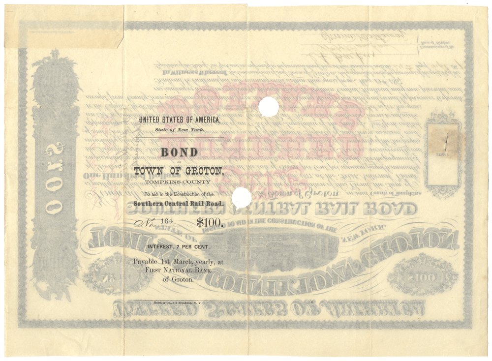 Southern Central Rail Road Company Bond Certificate (Groton, Tompkins County, New York)