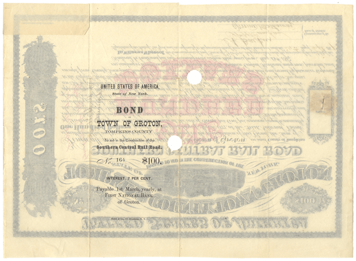 Southern Central Rail Road Company Bond Certificate (Groton, Tompkins County, New York)