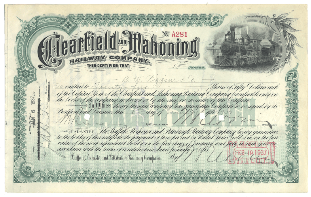 Clearfield and Mahoning Railway Company stock certificate with train illustration from 1937