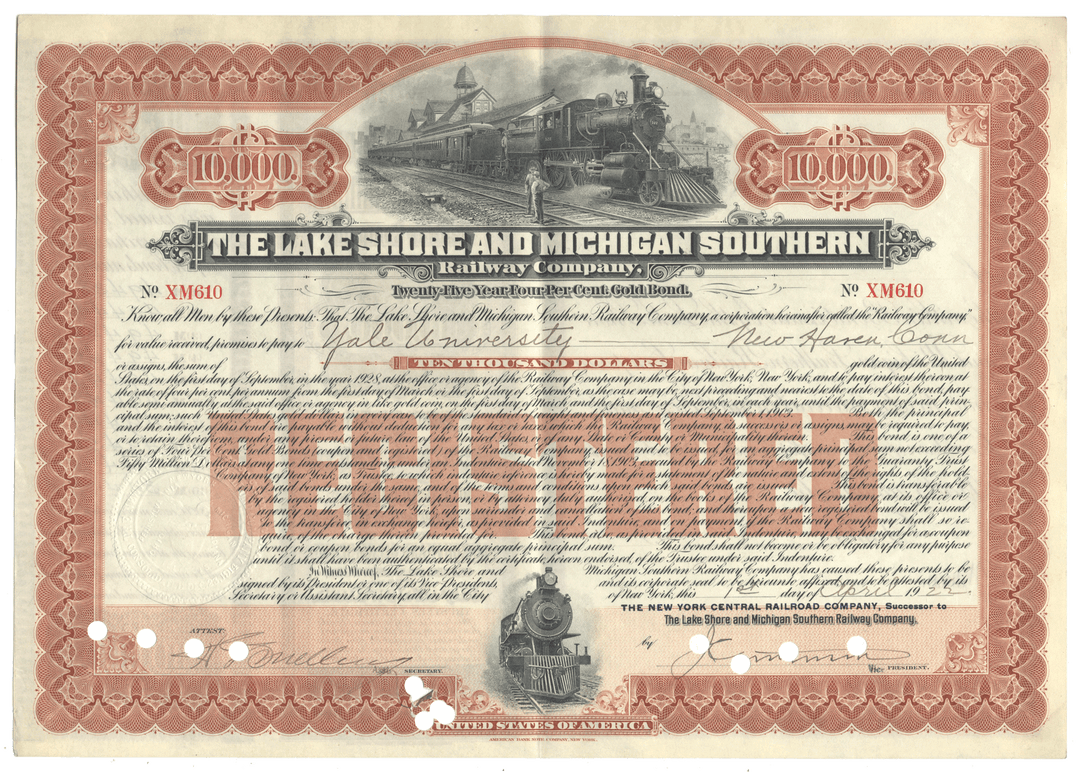 Vintage bond certificate for The Lake Shore and Michigan Southern Railway Company with train illustrations from 1922