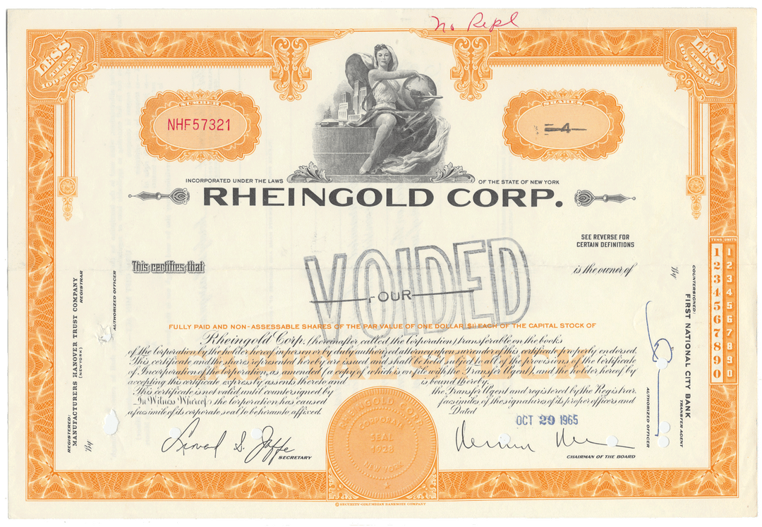 Stock certificate for Rheingold Corp. with decorative elements and text.