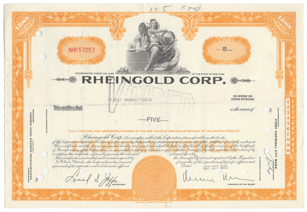 Rheingold Corp. stock certificate with decorative elements and text.