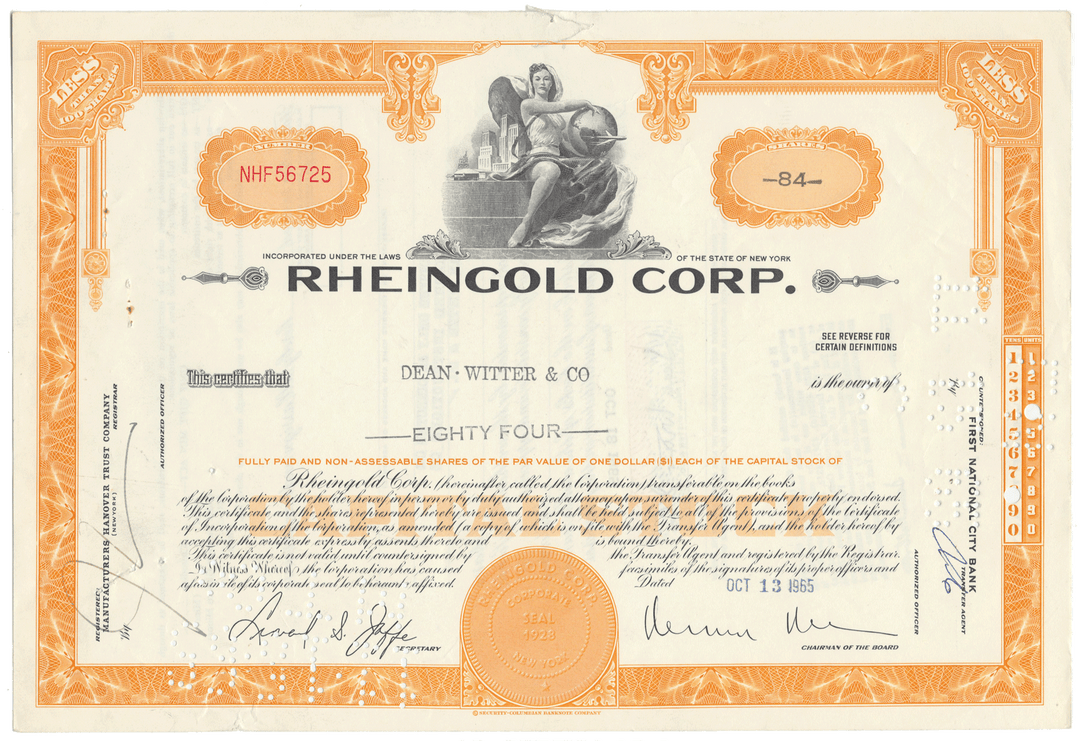 Rheingold Corp. stock certificate with decorative elements and text.