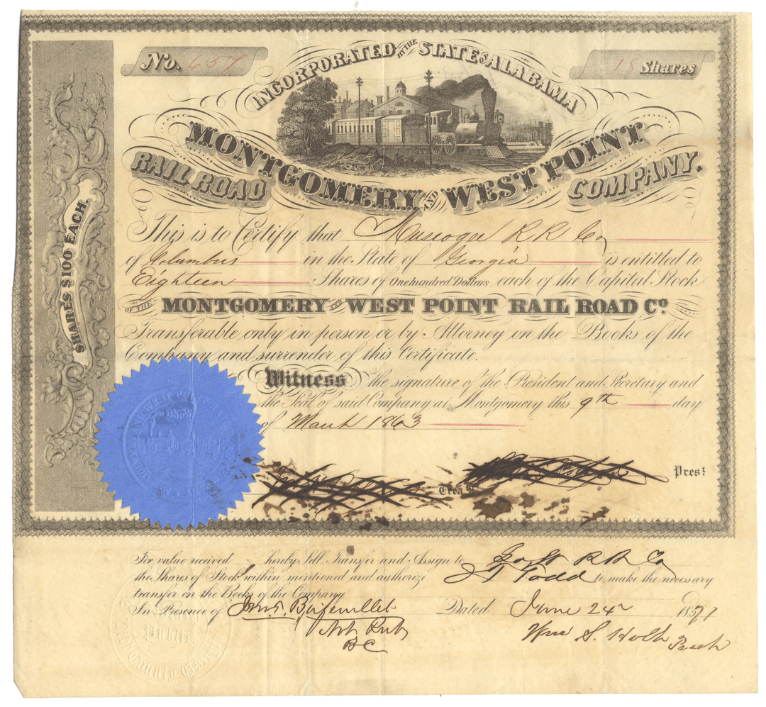 Historical stock certificate for Montgomery & West Point Railroad Company with blue seal and signature.