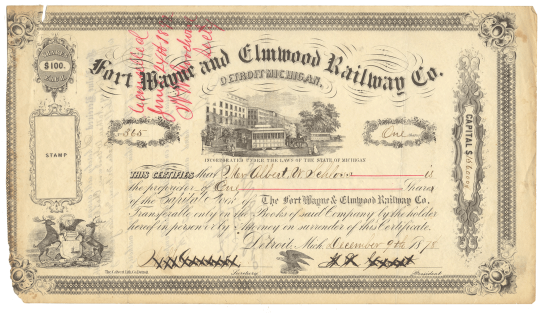 Vintage stock certificate for Fort Wayne and Elwood Railway Co. with ornate design and text.