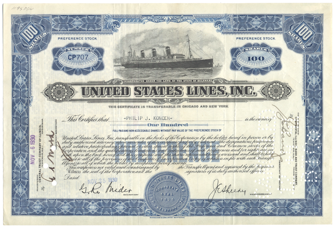 United States Lines, Inc. Stock Certificate