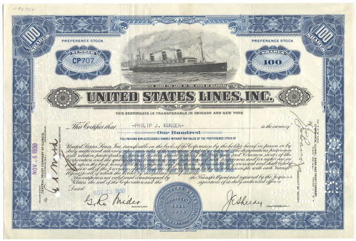 United States Lines, Inc. Stock Certificate