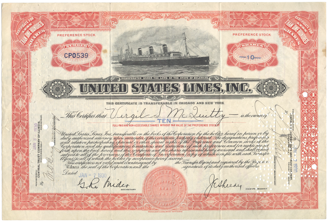 United States Lines, Inc. Stock Certificate