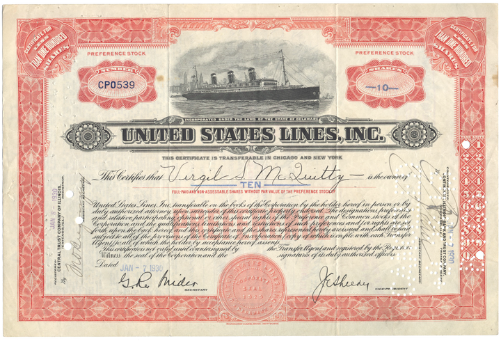 United States Lines, Inc. Stock Certificate