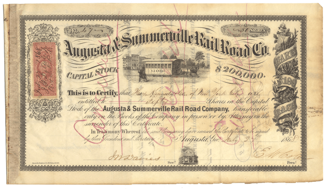 Augusta & Summerville Rail Road Company Stock Certificate from 1868
