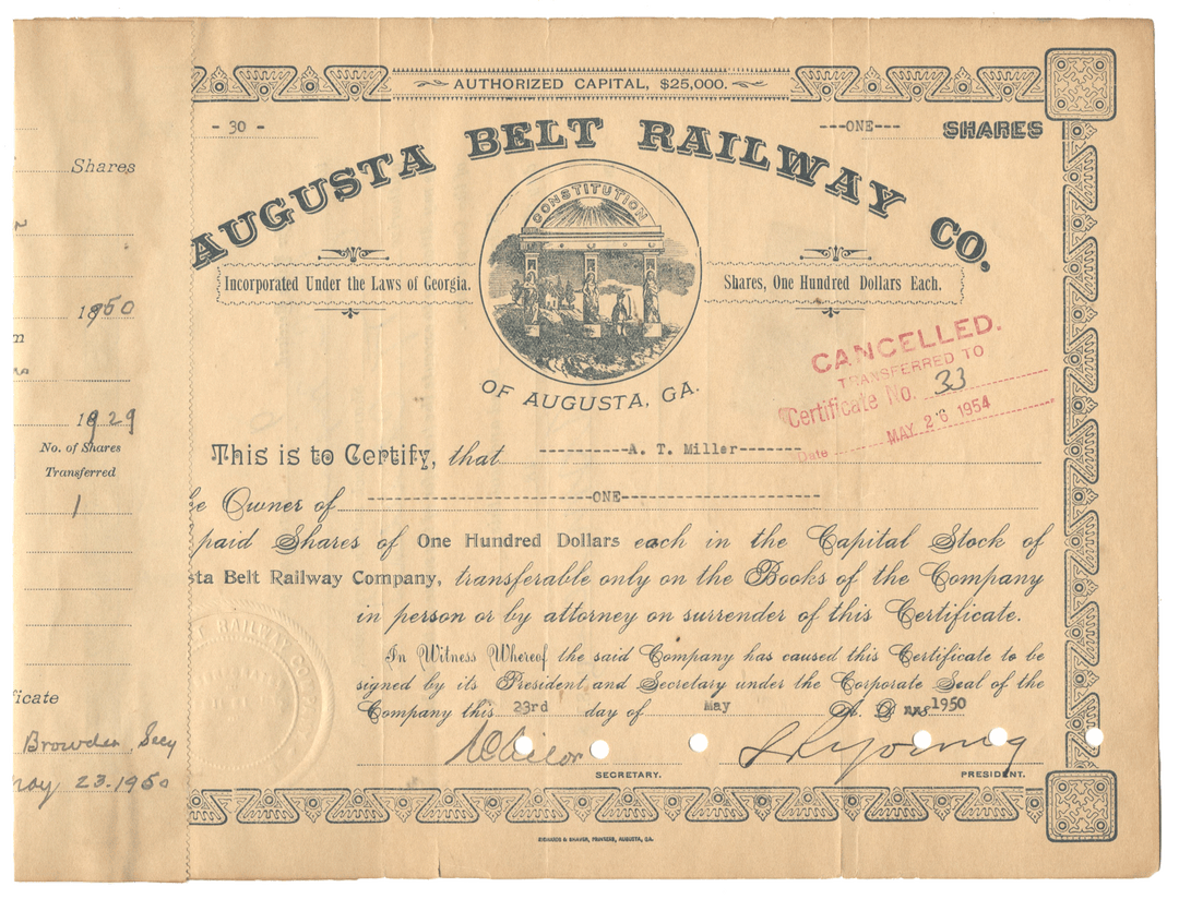 Vintage Augusta Belt Railway Co. stock certificate